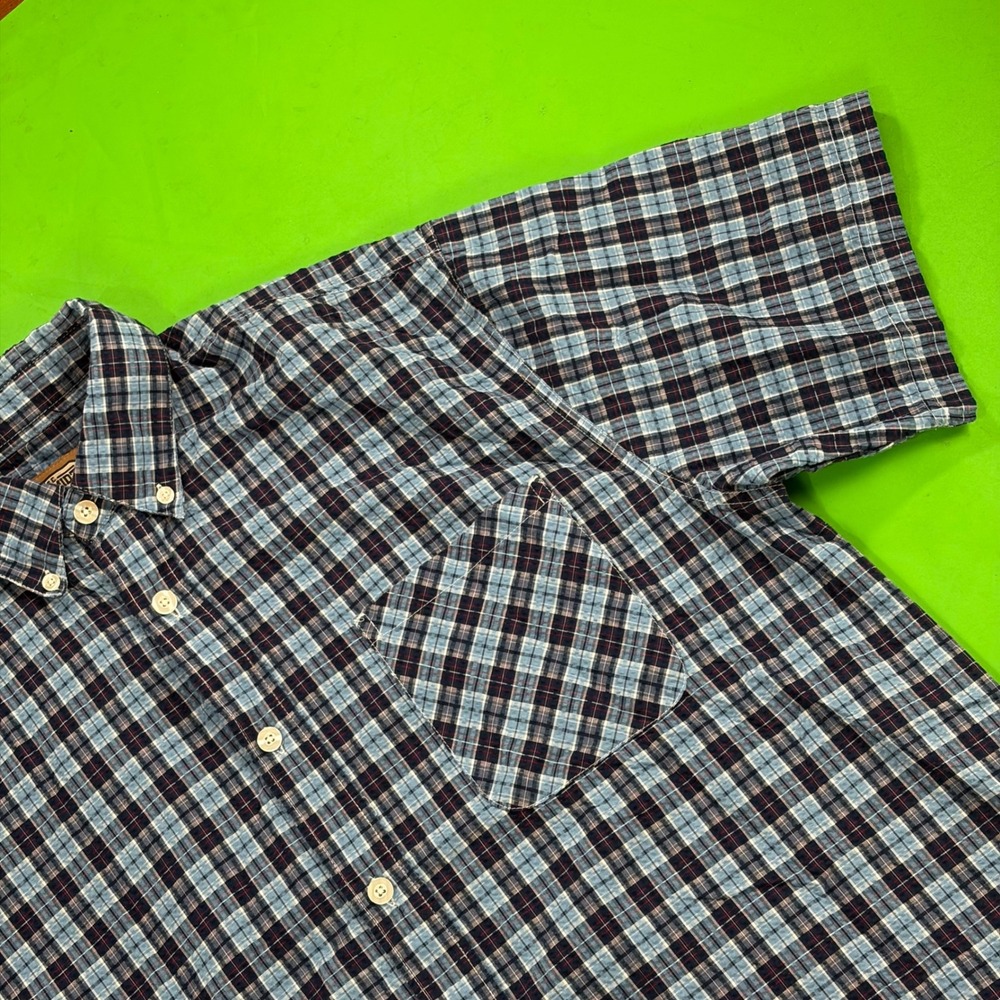 Schmidt Workwear Seersucker Button Up Shirt Mens XLT Blue Plaid S/S Pocket Tall